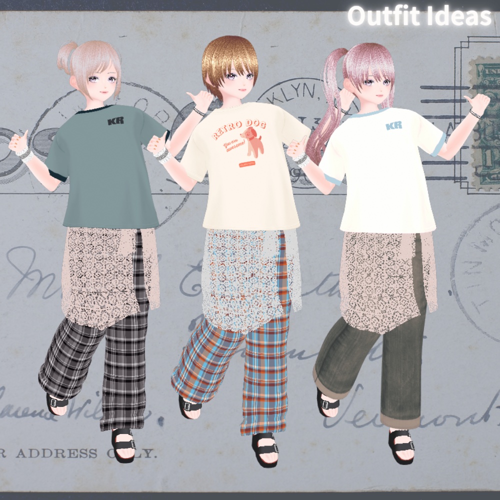 【Vroid/無料あり】ヴィンテージっぽいTシャツ コーデセット