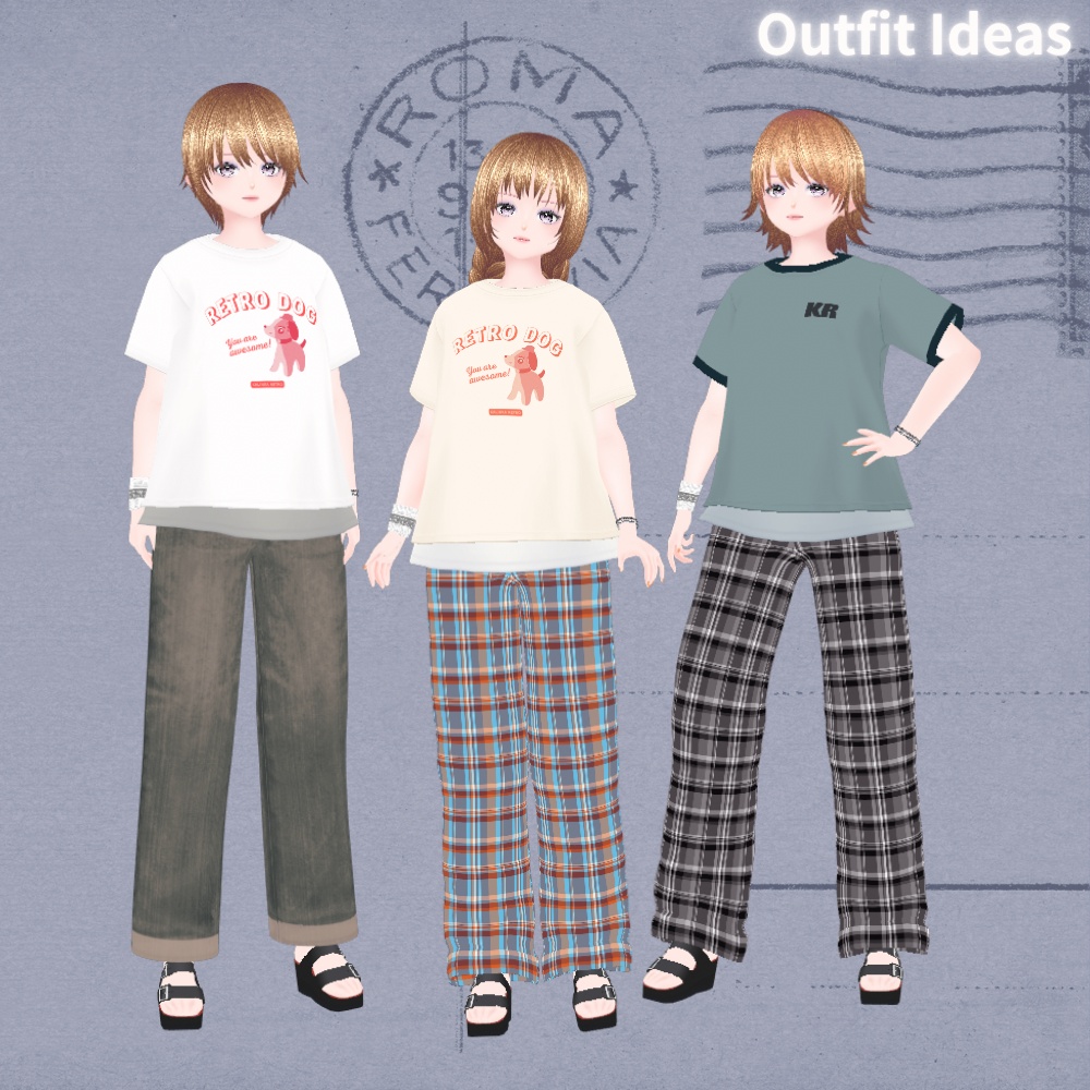 【Vroid/無料あり】ヴィンテージっぽいTシャツ コーデセット