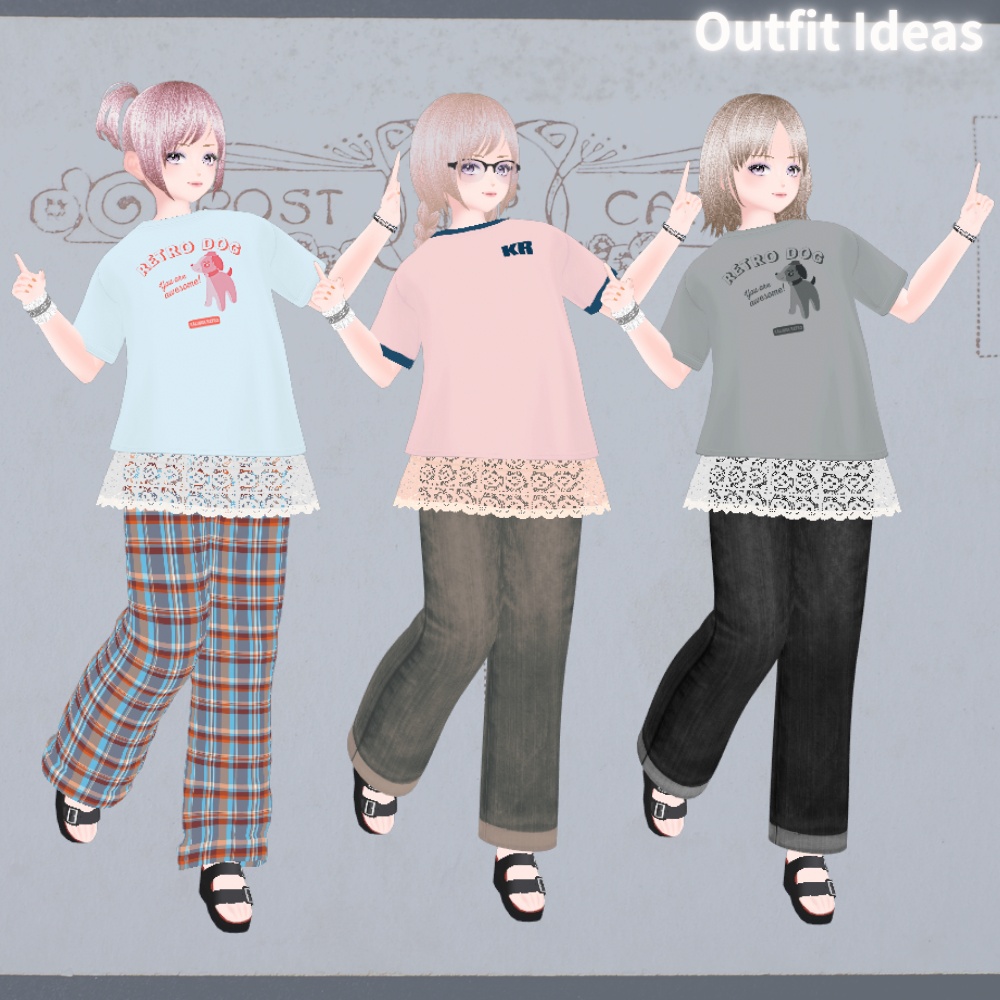 【Vroid/無料あり】ヴィンテージっぽいTシャツ コーデセット