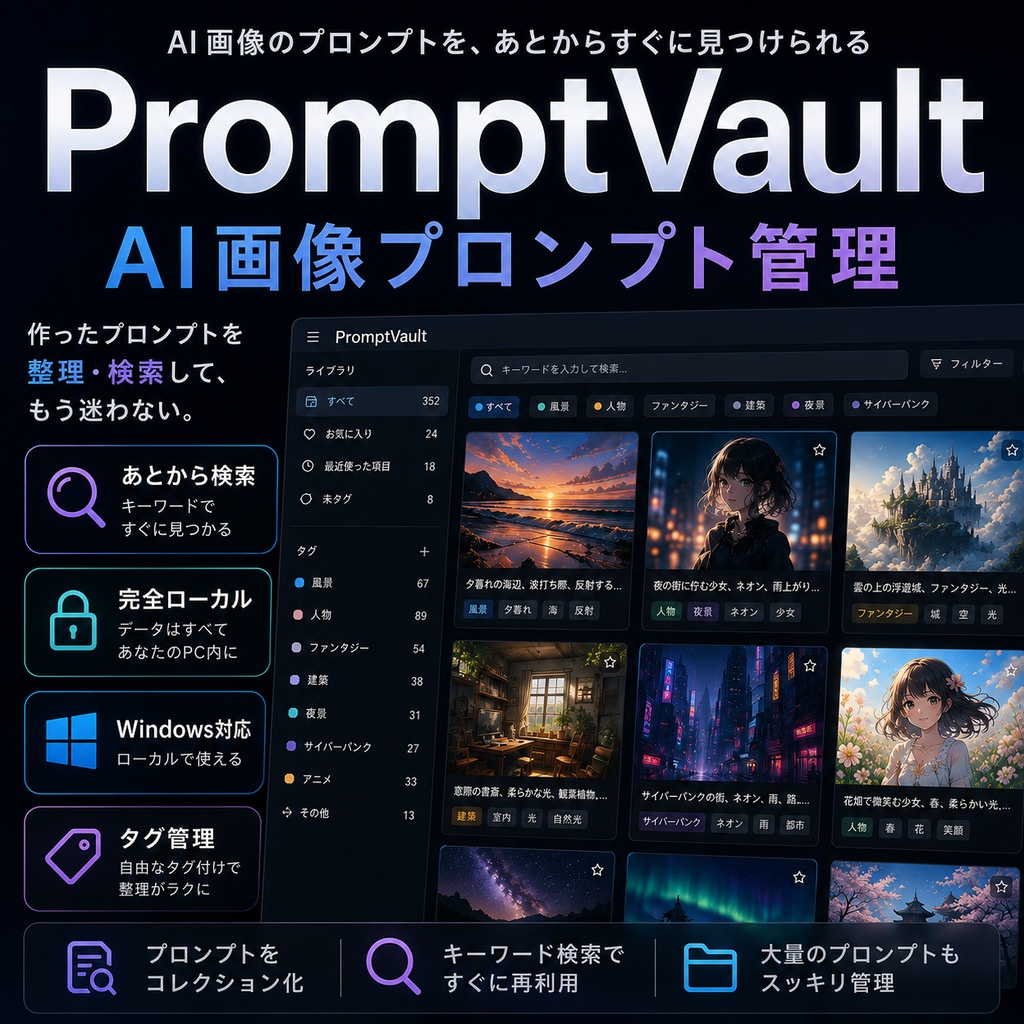 PromptVault|AI画像のプロンプトを“あとから検索”できる管理ツール【完全ローカル / Windows】