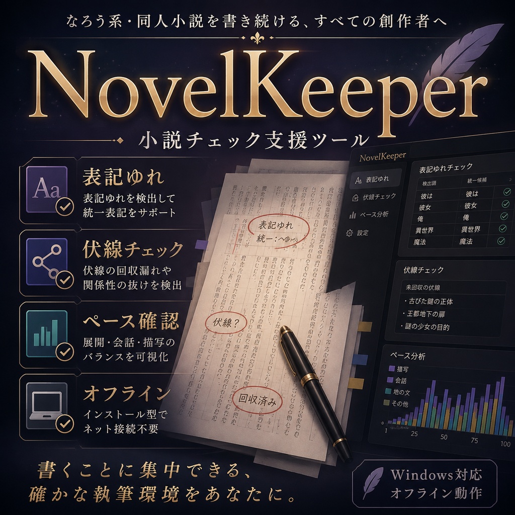 NovelKeeper｜なろう系・同人小説の表記ゆれ／伏線／ペースを自動チェック