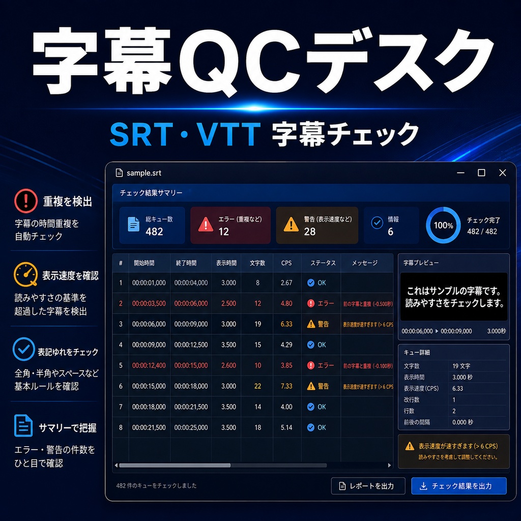 字幕QCデスク｜SRT・VTT字幕チェッカー