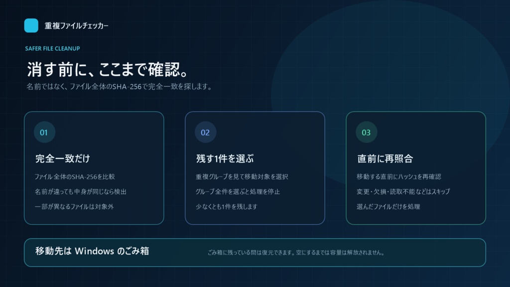 重複ファイルチェッカー v1.1.0|SHA-256で完全一致を確認【Windows】