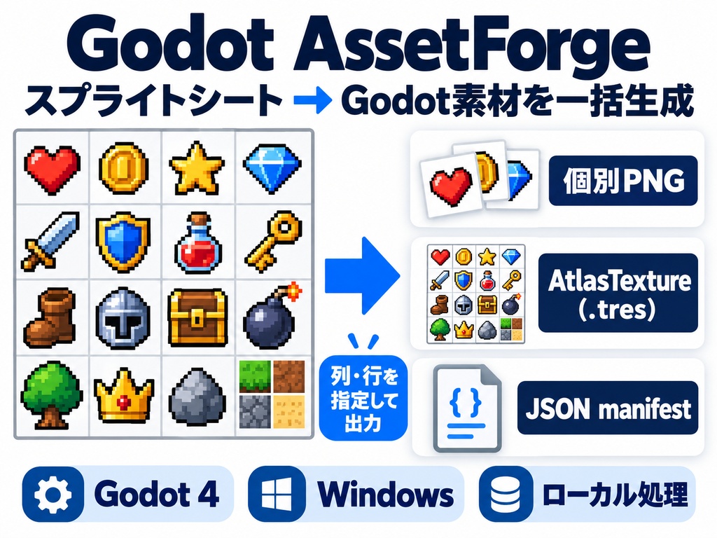 Godot AssetForge｜スプライトシートをGodot 4素材へ一括変換【PNG・AtlasTexture・JSON】