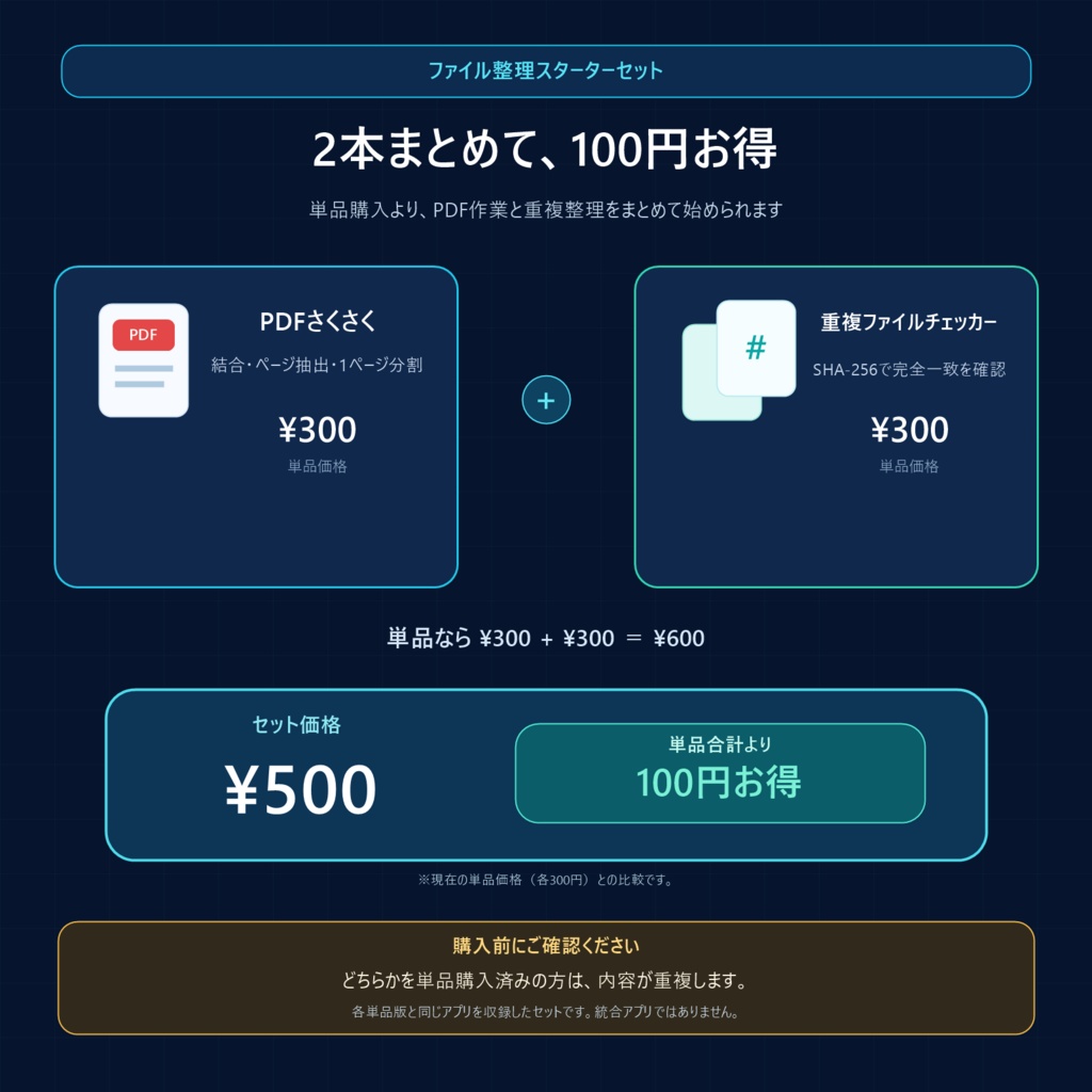ファイル整理スターターセット v1.0.0|PDF結合・抽出+重複チェック【Windows】