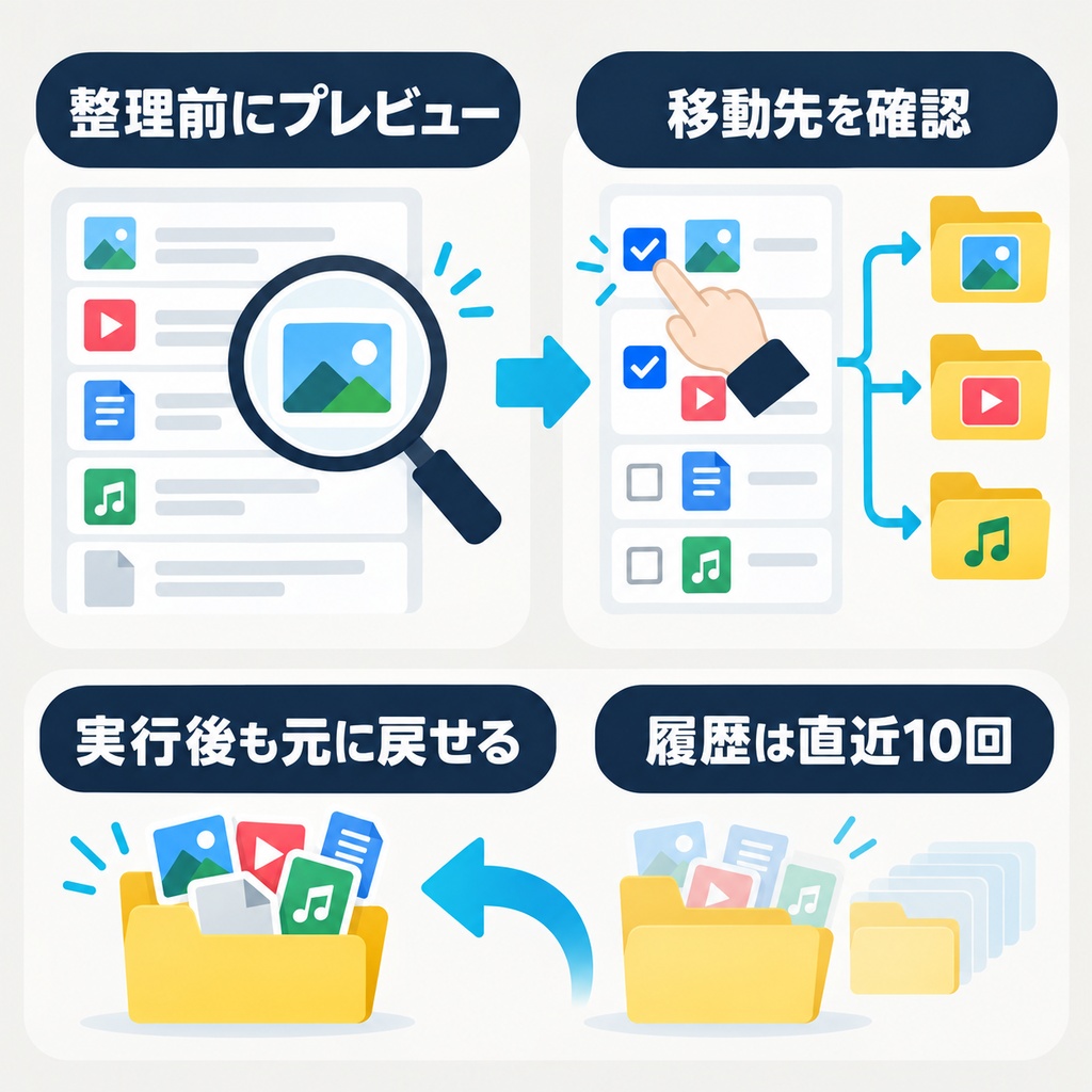 フォルダ整理くん v1.0.0|プレビューしてから仕分け・再起動後も元に戻せる【Windows】