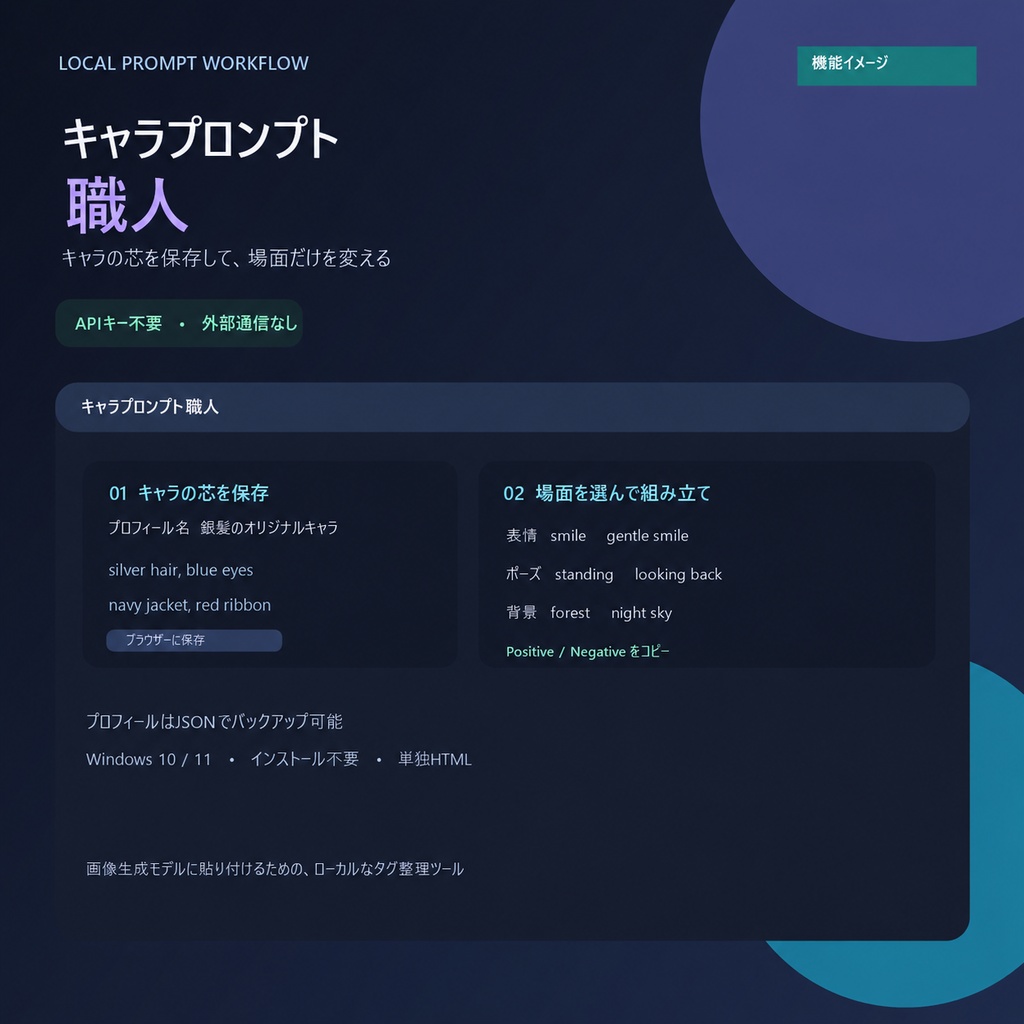 キャラプロンプト職人 Local v1.0.1|AI画像用キャラ設定・場面別プロンプト作成【Windows・オフライン】