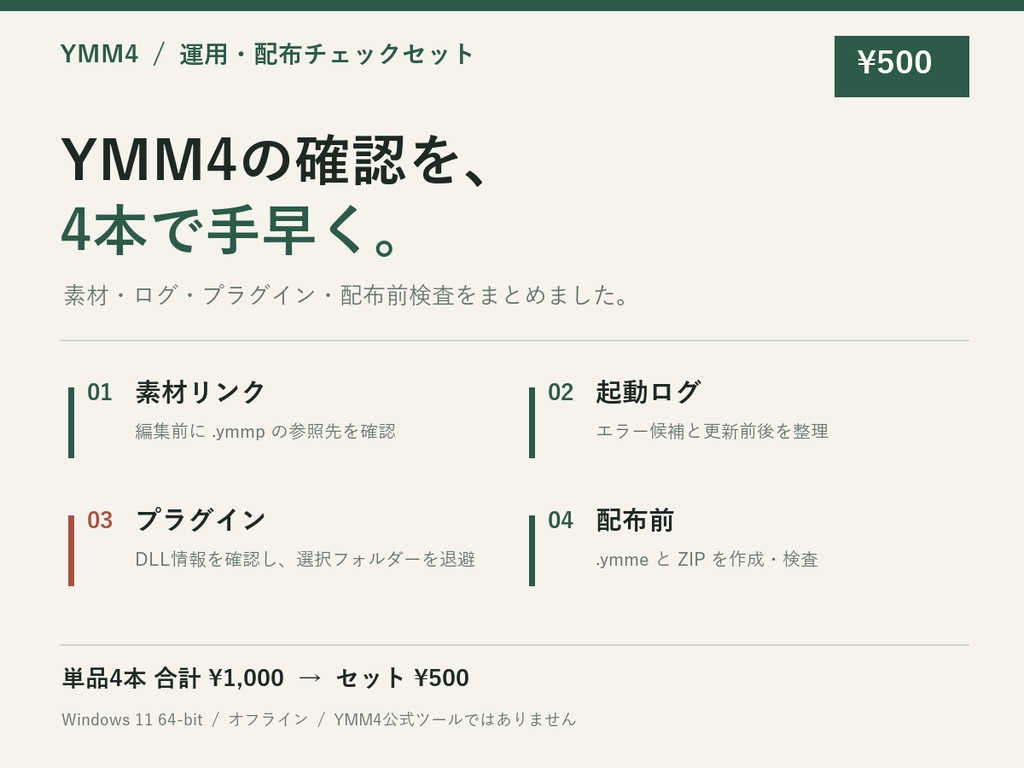 YMM4運用・配布チェックセット｜素材・ログ・プラグイン4ツール