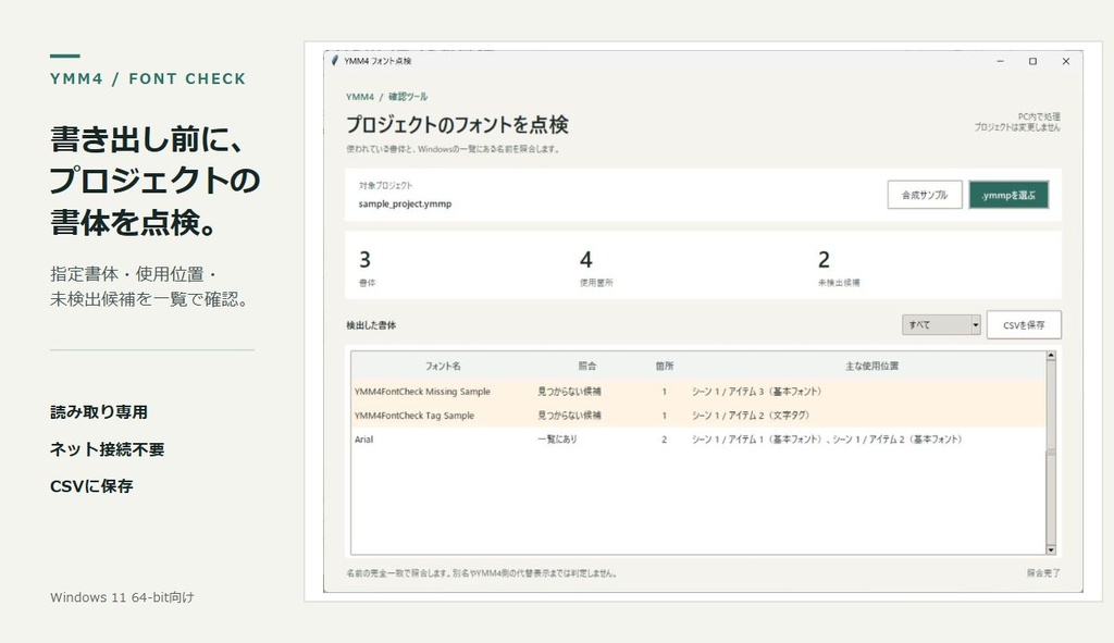 YMM4 フォント点検|プロジェクトの書体・使用位置を確認