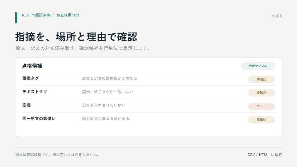 Ren'Py翻訳点検 v1.0.0|空欄・タグ・置換ミスを確認【Windows】