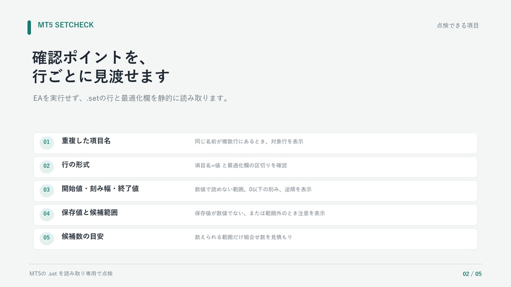 MT5 SetCheck|EA .setファイルの最適化範囲チェック【Windows】