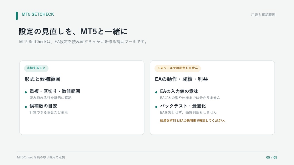 MT5 SetCheck|EA .setファイルの最適化範囲チェック【Windows】