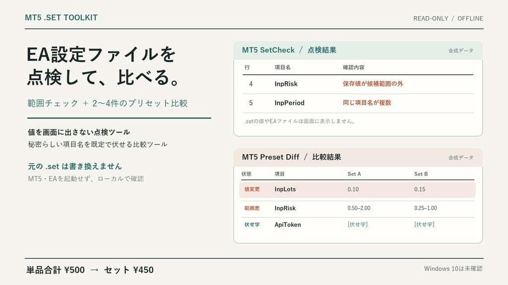MT5 .set 作業セット｜範囲点検＋EA設定の差分比較【Windows】
