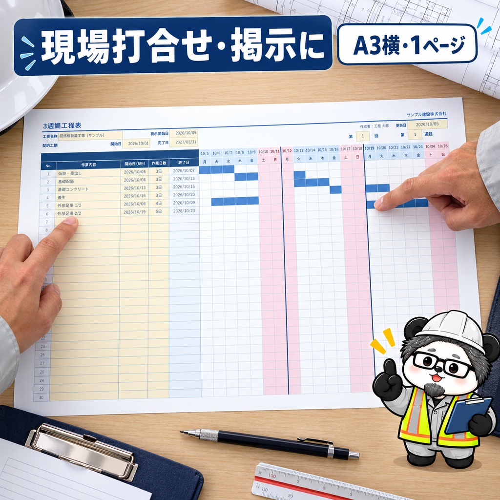 【Excel】3週間工程表|21日×30工程・休日自動除外・A3横印刷