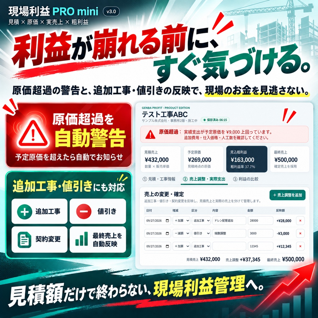 【買い切り・無料体験版あり】現場利益 PRO mini|工事見積・原価・利益管理ツールvr2