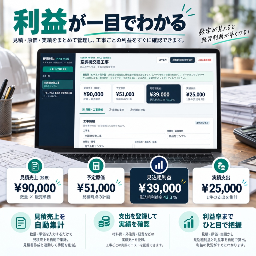 現場利益 PRO mini|工事見積・原価・利益管理ツール【買い切り・無料体験版】
