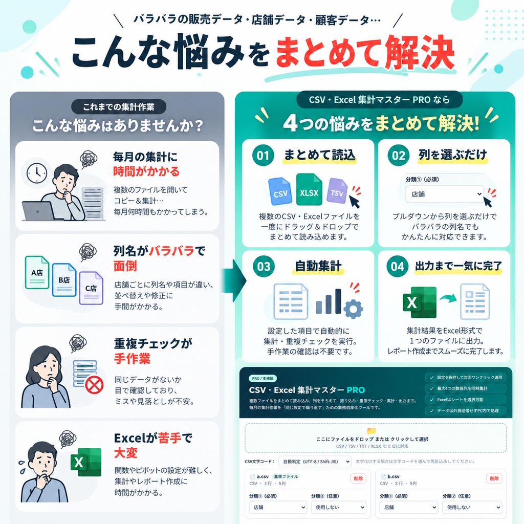 【買い切り・無料体験版】CSV集計マスター PRO mini|Excel・CSV一括集計・データ統合ツールvr2