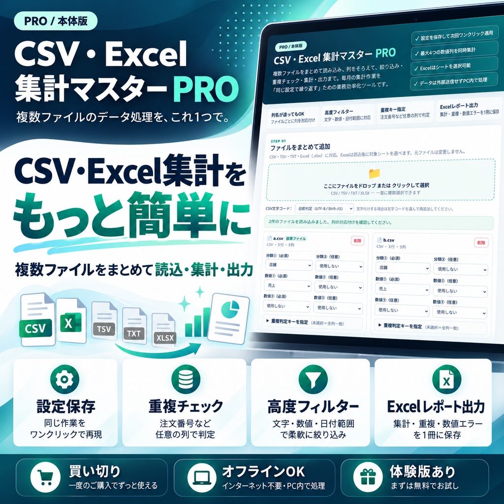 【買い切り・無料体験版】CSV集計マスター PRO mini｜Excel・CSV一括集計・データ統合ツールvr2