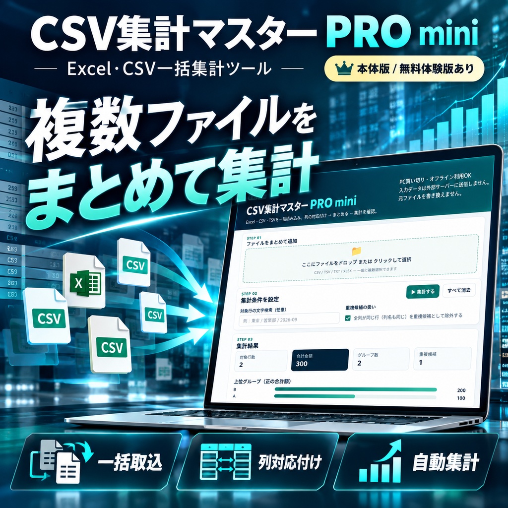 CSV集計マスター PRO mini｜Excel・CSV一括集計・データ統合ツール【買い切り・無料体験版】