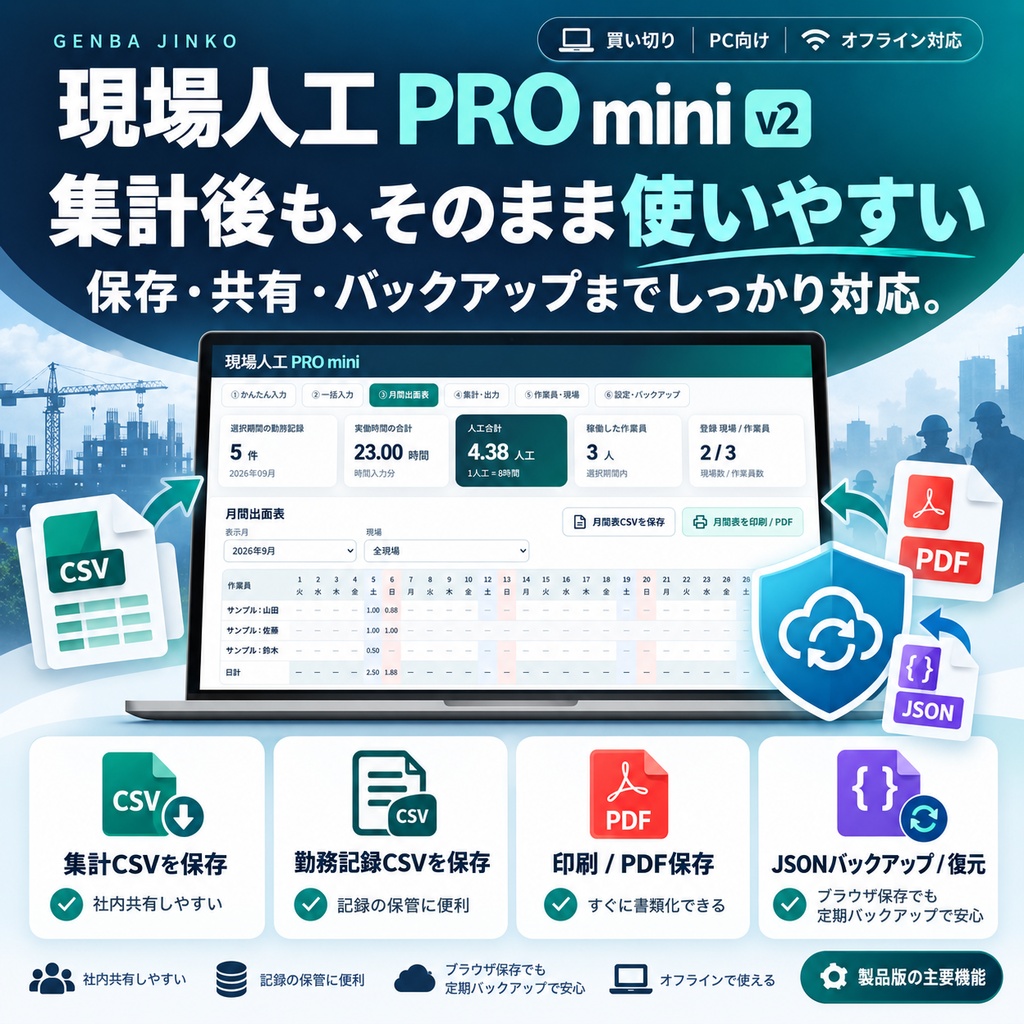 現場人工 PRO mini|勤務時間・人工数を自動集計!建設業向け出面・現場管理ツールvr2【買い切り】