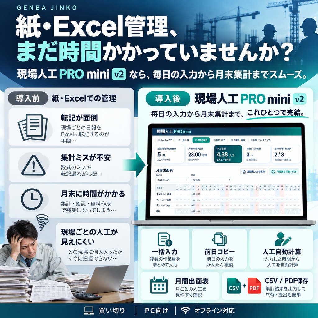 現場人工 PRO mini|勤務時間・人工数を自動集計!建設業向け出面・現場管理ツールvr2【買い切り】