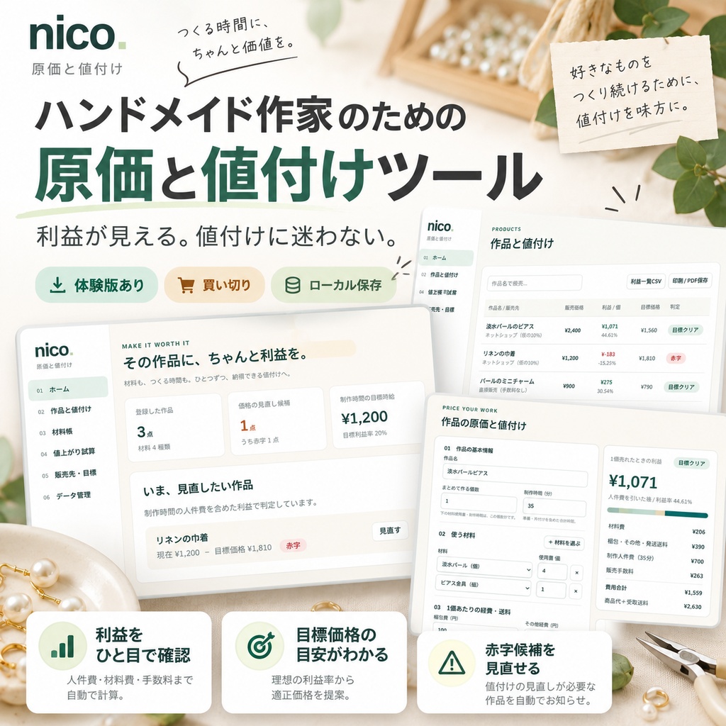 nico｜ハンドメイド原価計算・値付けツール｜利益・目標価格を自動計算