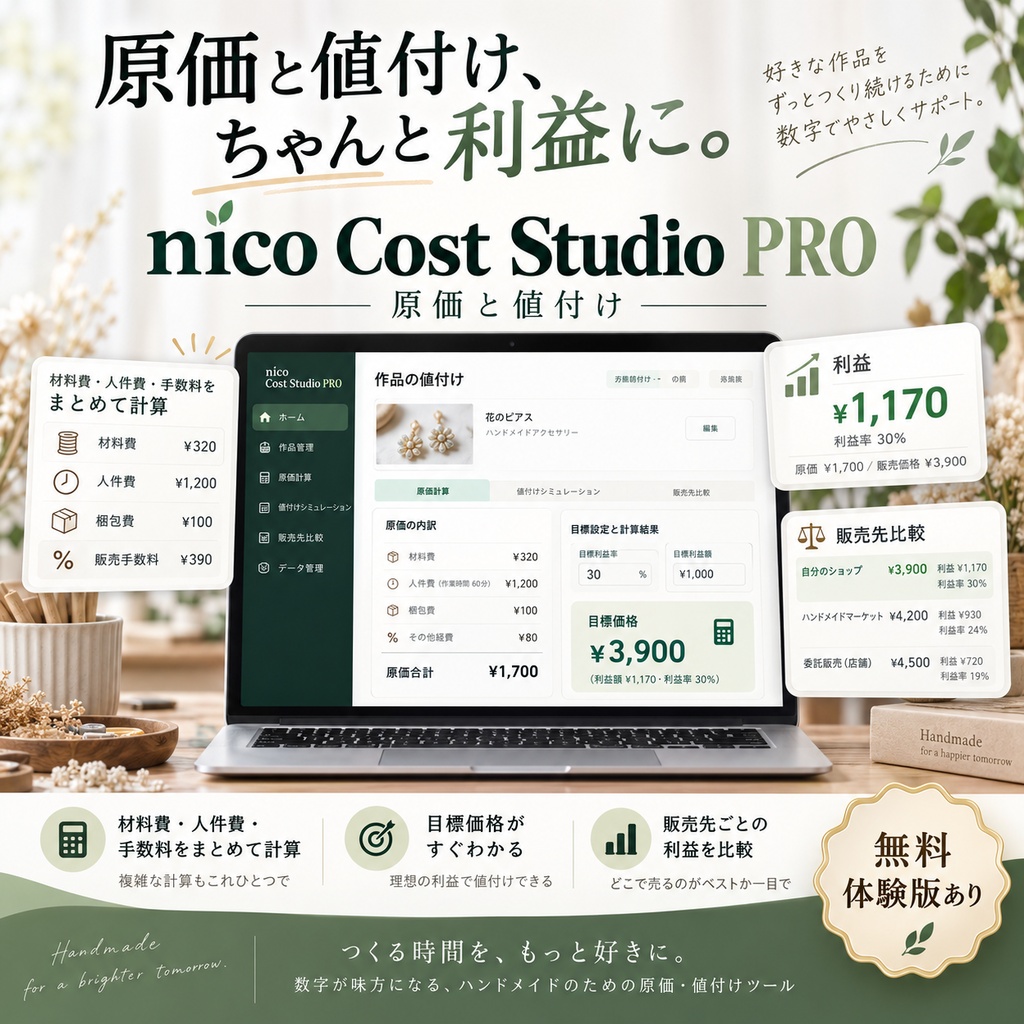 nico｜ハンドメイド原価計算・値付けツール｜利益・目標価格を自動計算vr2