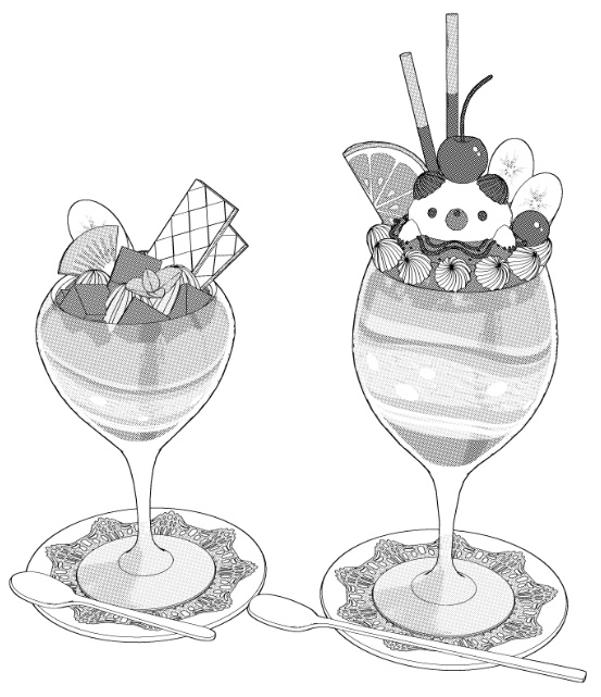 パフェ11種&基本のカフェセット/食器14種(コーヒー/紅茶/水グラス/ミルクポッド/シュガーポッド/スプーン/皿/飾りレース/)