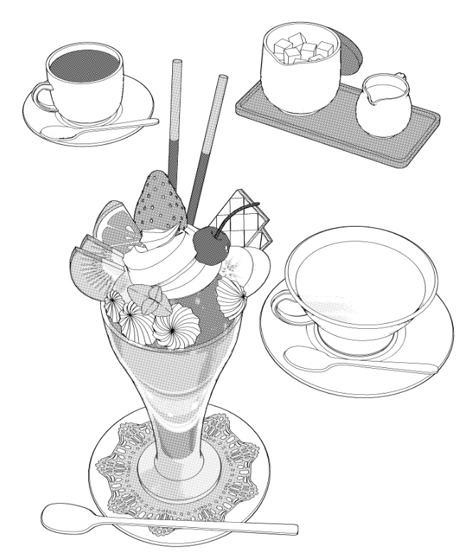 パフェ11種&基本のカフェセット/食器14種(コーヒー/紅茶/水グラス/ミルクポッド/シュガーポッド/スプーン/皿/飾りレース/)