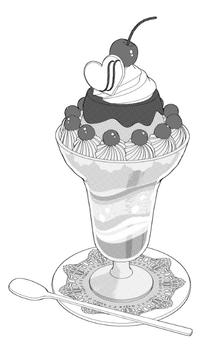 パフェ11種&基本のカフェセット/食器14種(コーヒー/紅茶/水グラス/ミルクポッド/シュガーポッド/スプーン/皿/飾りレース/)