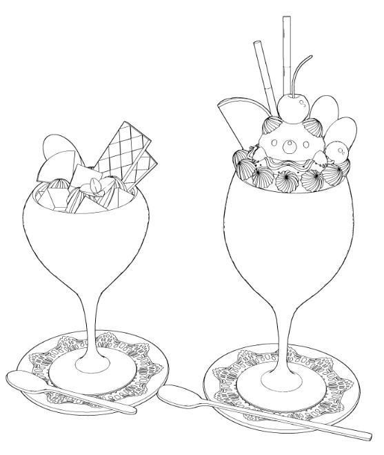 パフェ11種&基本のカフェセット/食器14種(コーヒー/紅茶/水グラス/ミルクポッド/シュガーポッド/スプーン/皿/飾りレース/)