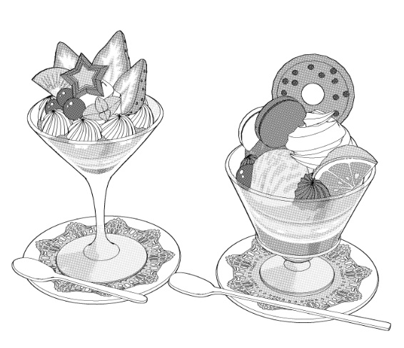 パフェ11種&基本のカフェセット/食器14種(コーヒー/紅茶/水グラス/ミルクポッド/シュガーポッド/スプーン/皿/飾りレース/)