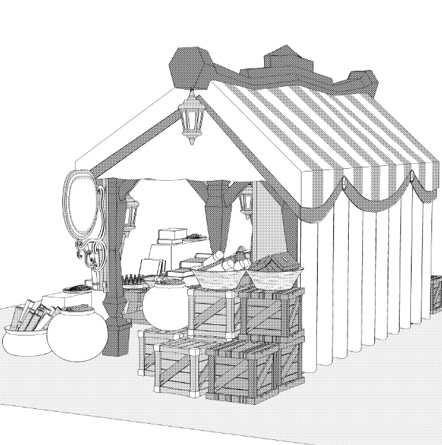 露店2/テント(本棚/木皿/木箱/看板/壺/ペン/羽ペン/筆/インク)