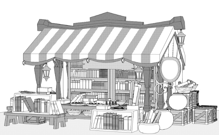 露店2/テント(本棚/木皿/木箱/看板/壺/ペン/羽ペン/筆/インク)