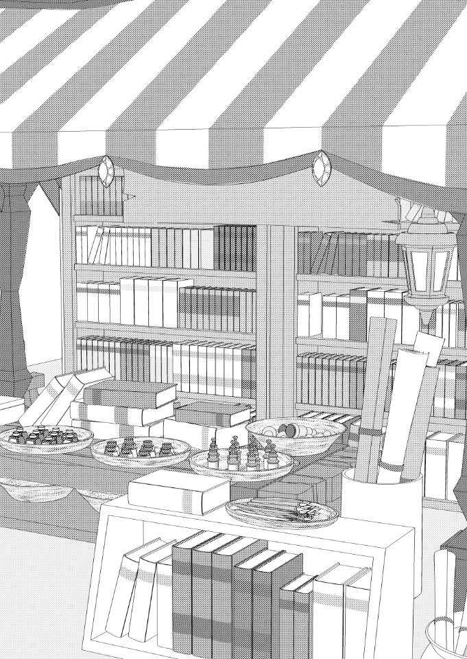 露店2/テント(本棚/木皿/木箱/看板/壺/ペン/羽ペン/筆/インク)