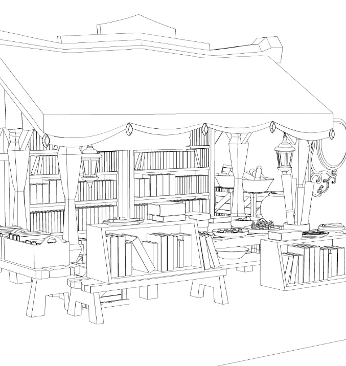 露店2/テント(本棚/木皿/木箱/看板/壺/ペン/羽ペン/筆/インク)