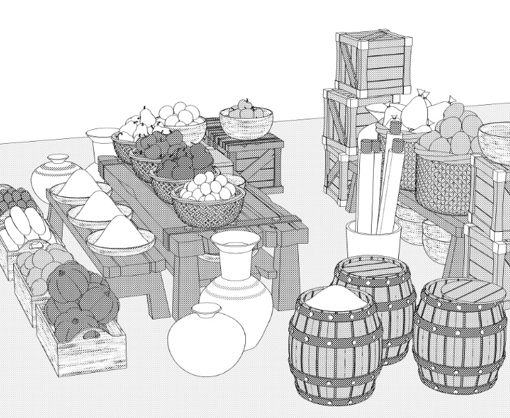 露店(雑貨/野菜/樽/木箱/壺/ボウル/網かご/看板)/テントとしても!/パーツ移動可能!