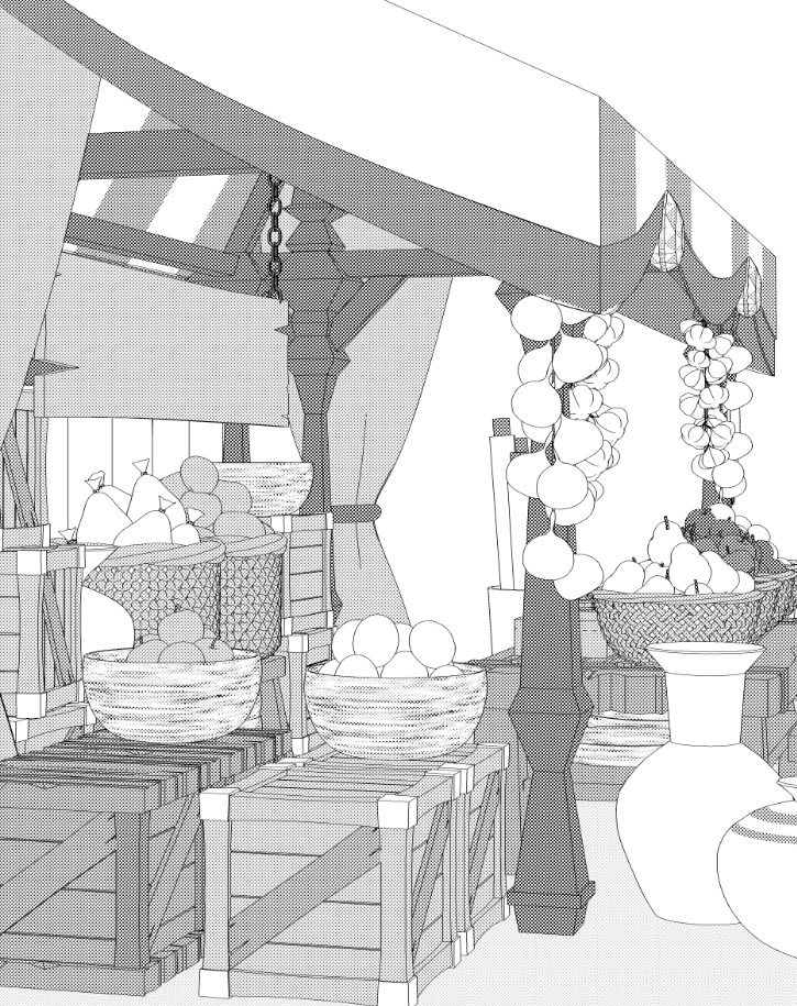 露店(雑貨/野菜/樽/木箱/壺/ボウル/網かご/看板)/テントとしても!/パーツ移動可能!