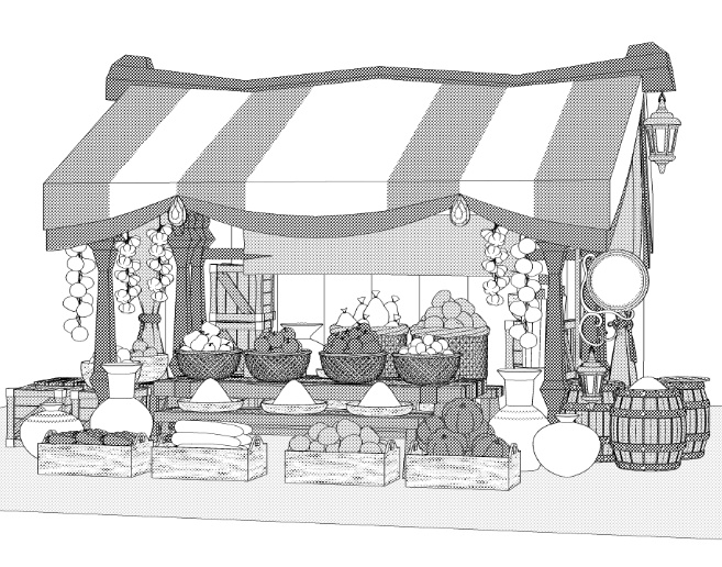 露店(雑貨/野菜/樽/木箱/壺/ボウル/網かご/看板)/テントとしても!/パーツ移動可能!