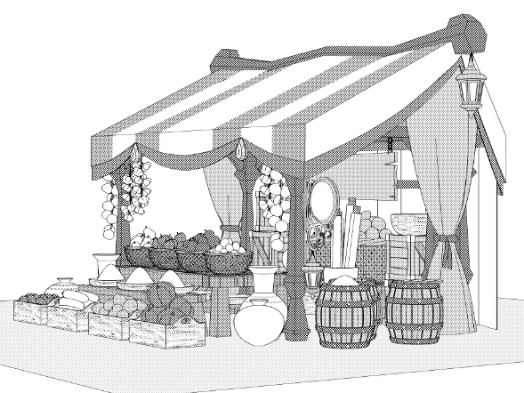 露店(雑貨/野菜/樽/木箱/壺/ボウル/網かご/看板)/テントとしても!/パーツ移動可能!