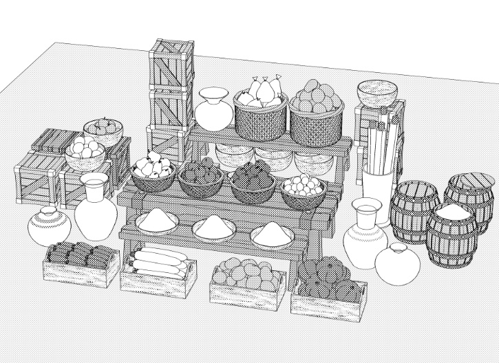 露店(雑貨/野菜/樽/木箱/壺/ボウル/網かご/看板)/テントとしても!/パーツ移動可能!