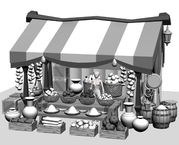 露店(雑貨/野菜/樽/木箱/壺/ボウル/網かご/看板)/テントとしても!/パーツ移動可能!