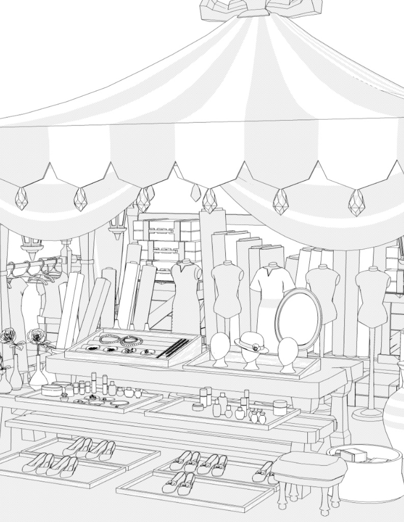 露店3/テント(洋服/木皿/木箱/看板/壺/鞄/布/アクセ/靴/帽子/トルソー他)