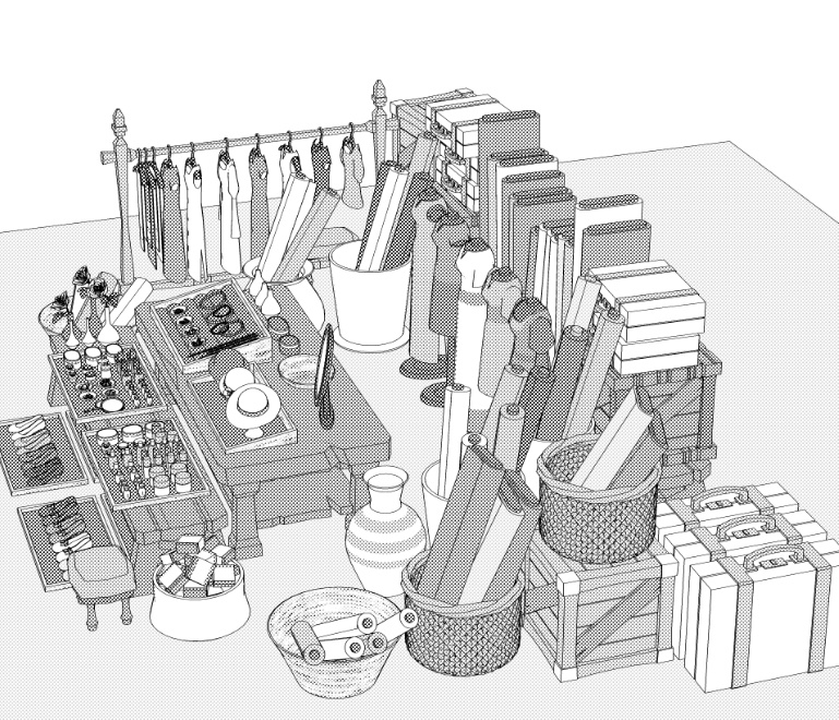 露店3/テント(洋服/木皿/木箱/看板/壺/鞄/布/アクセ/靴/帽子/トルソー他)