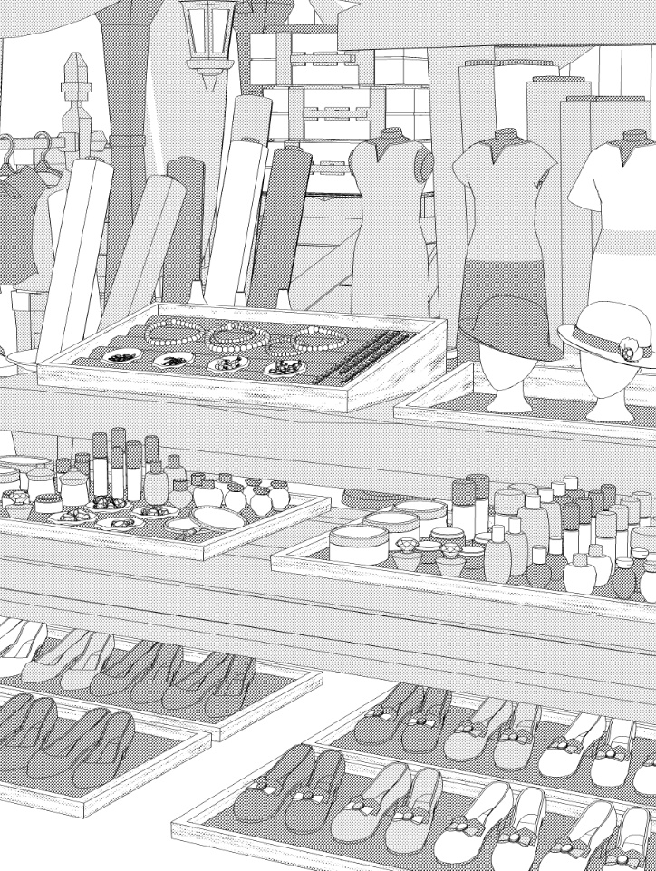 露店3/テント(洋服/木皿/木箱/看板/壺/鞄/布/アクセ/靴/帽子/トルソー他)