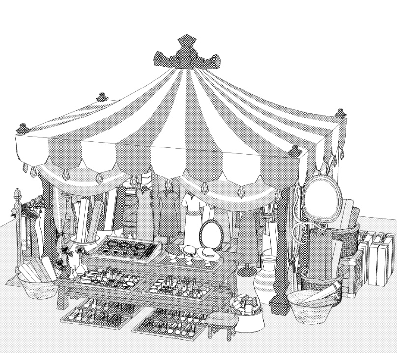 露店3/テント(洋服/木皿/木箱/看板/壺/鞄/布/アクセ/靴/帽子/トルソー他)