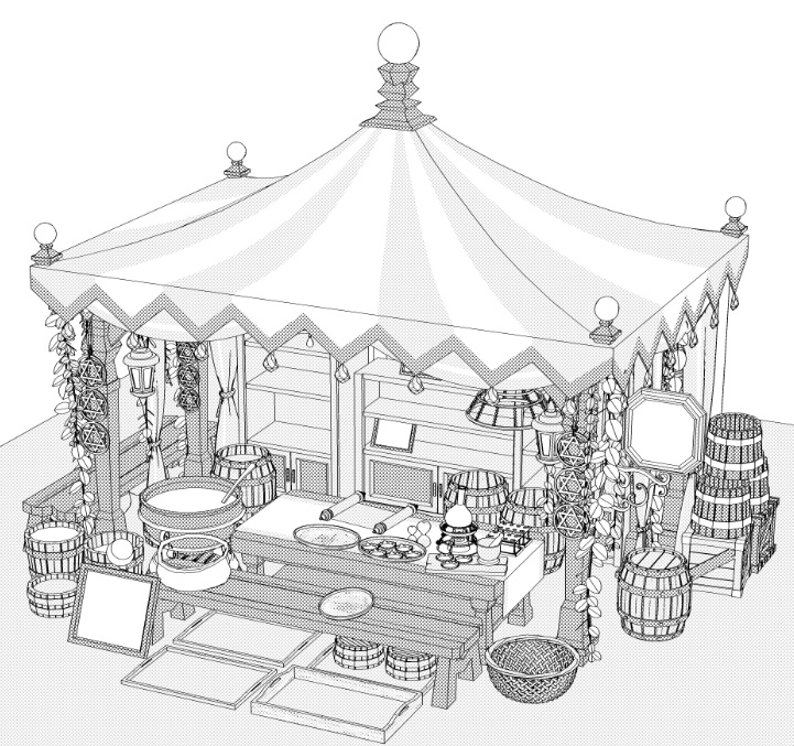 露店4/テント(魔女の店/薬屋/錬金窯/蝋燭 /スクロール/箒/かぼちゃ/樽/他)