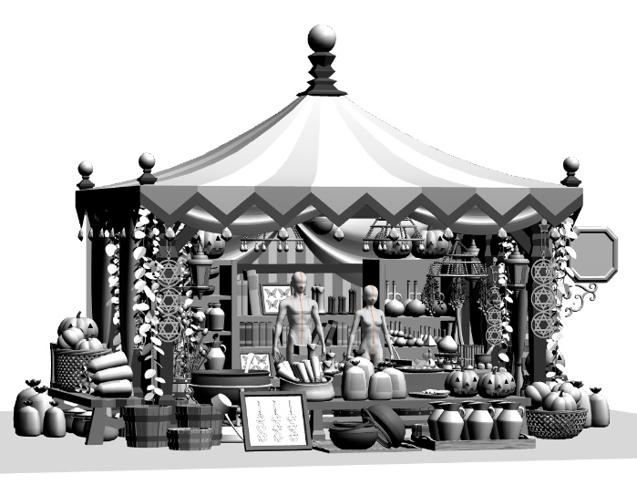 露店4/テント(魔女の店/薬屋/錬金窯/蝋燭 /スクロール/箒/かぼちゃ/樽/他)