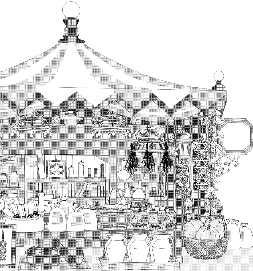 露店4/テント(魔女の店/薬屋/錬金窯/蝋燭 /スクロール/箒/かぼちゃ/樽/他)
