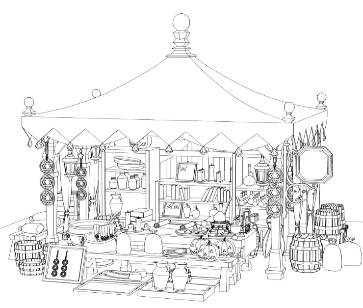 露店4/テント(魔女の店/薬屋/錬金窯/蝋燭 /スクロール/箒/かぼちゃ/樽/他)